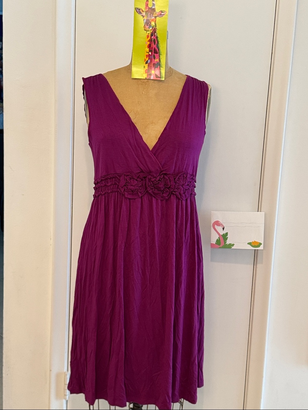 Enfocus Studio Deep Magenta V-Neck Midi Dress with Rosette Waist